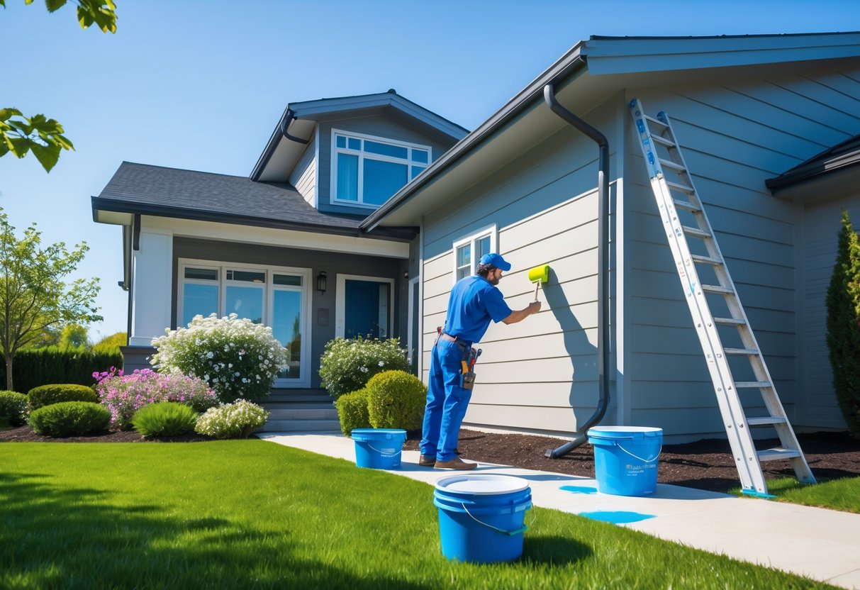 A painter applying fresh paint to the exterior of a house with a ladder and paint buckets nearby.
