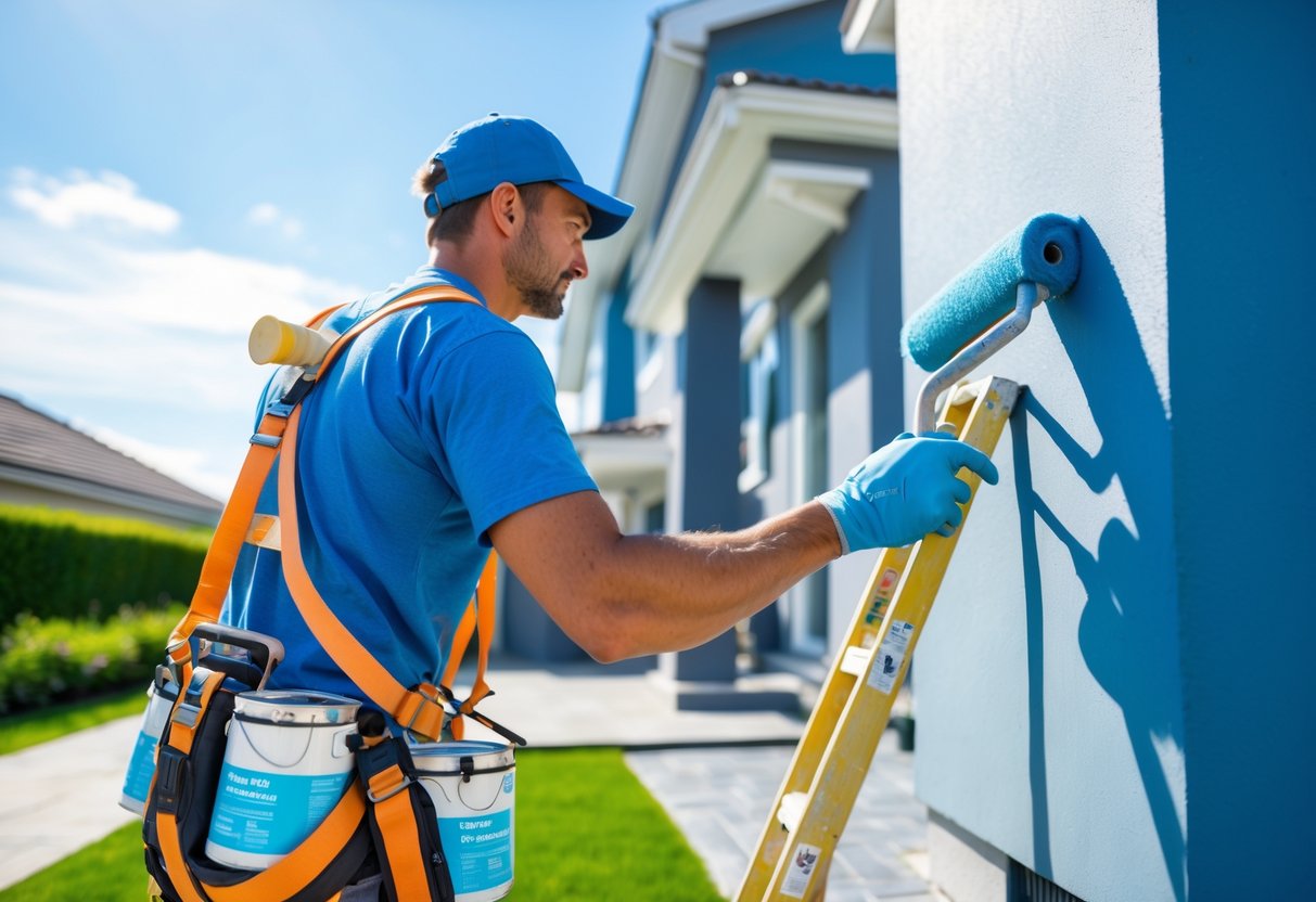 A painter applying fresh paint to the exterior wall of a house using professional tools on a sunny day.