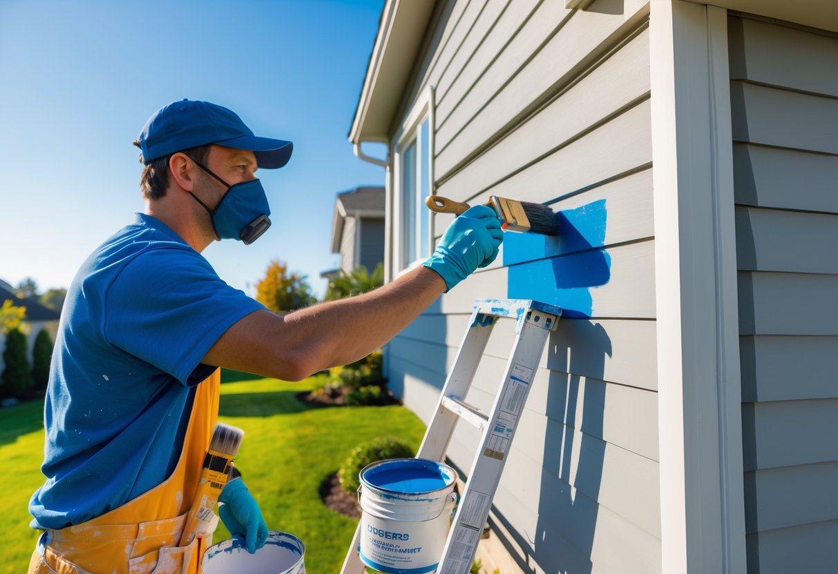 A painter applying fresh paint to the exterior siding of a house outdoors during the day.