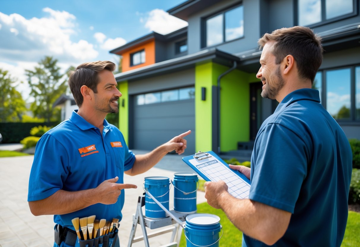 A homeowner talks with a painting contractor outside a house with painting supplies nearby.