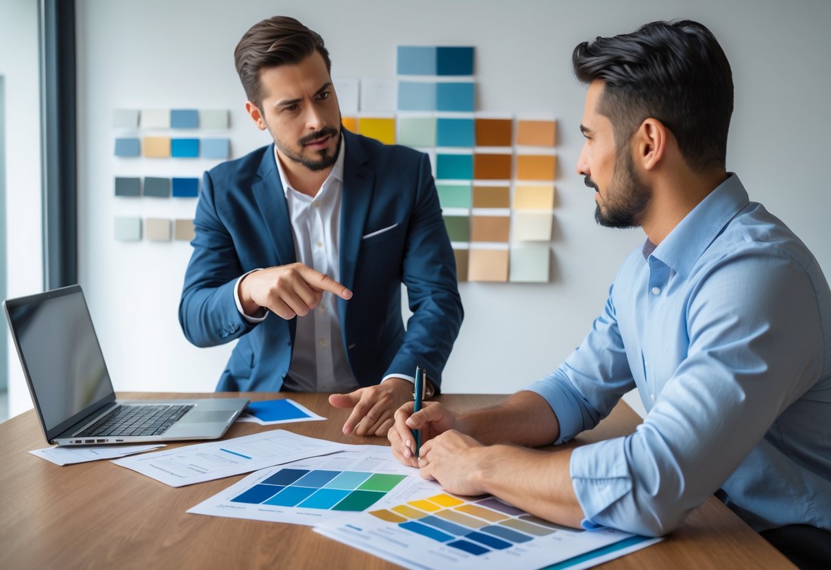 Two people discussing painting project plans at a desk with color samples and documents.