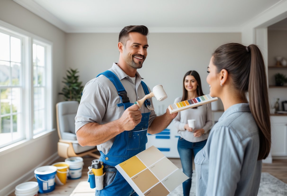 A painting contractor talking with a couple in a living room with freshly painted walls and painting tools nearby.