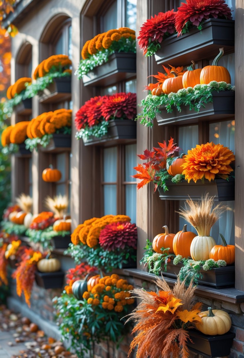 Twenty window boxes filled with fall flowers, pumpkins, and autumn leaves on a building facade.