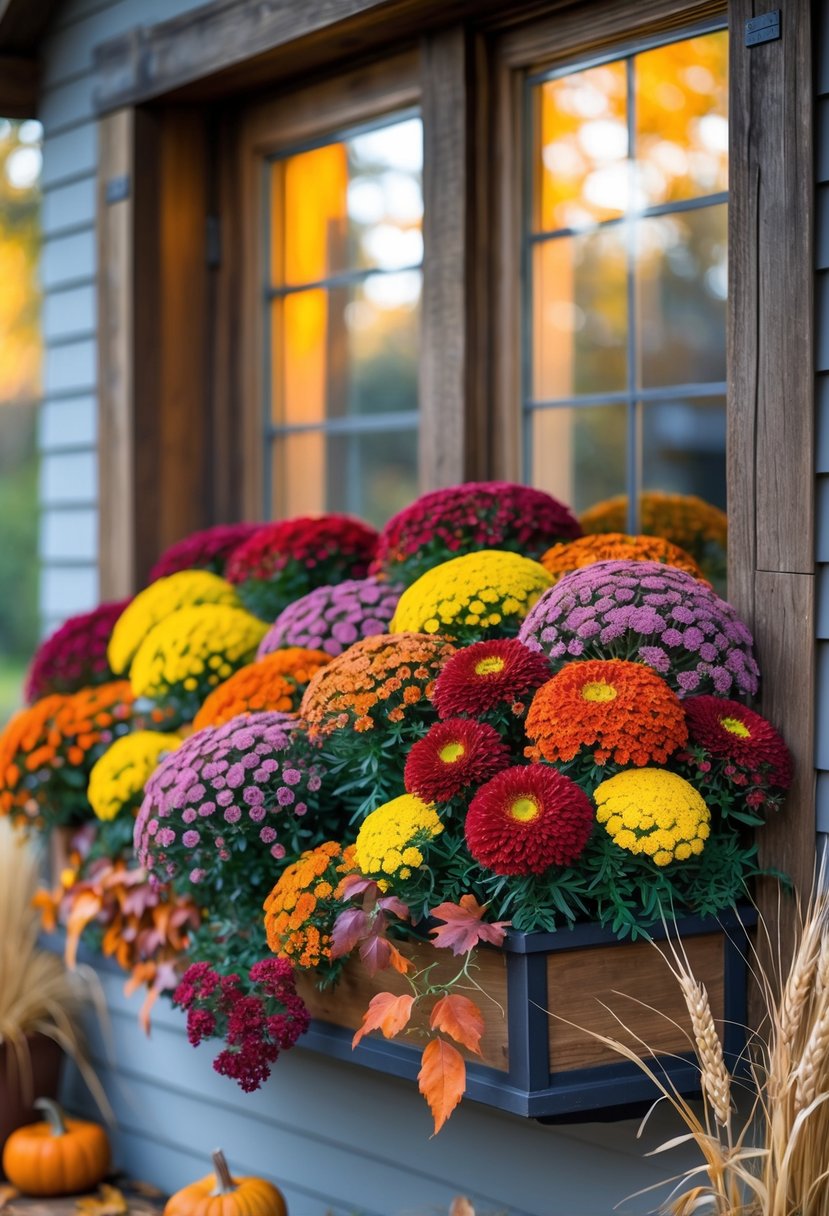 A fall window box filled with colorful mums and autumn decorations on a wooden window frame.