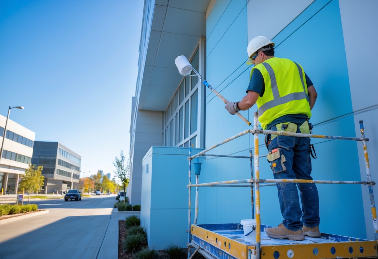 A commercial painter wearing safety gear painting the exterior of a modern office building using a roller while standing on a scaffold.