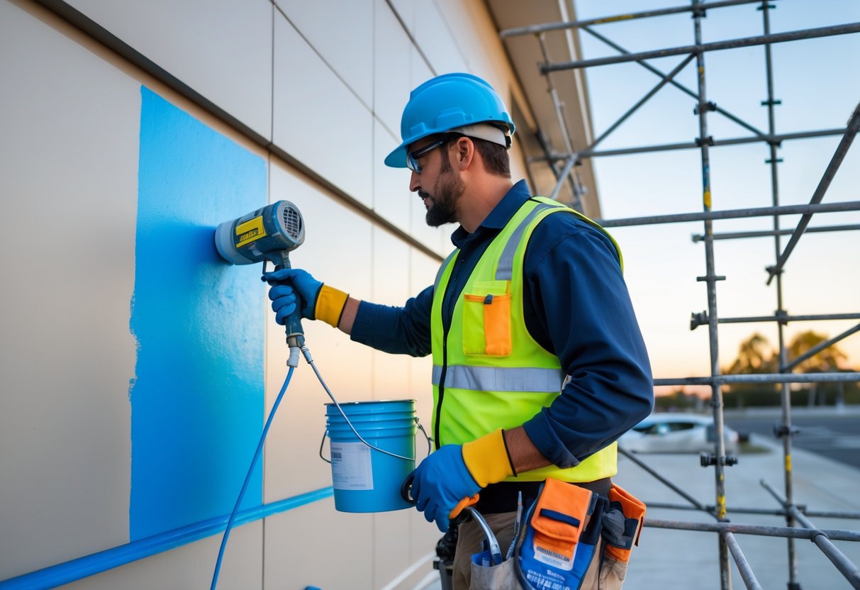 A commercial painter wearing safety gear working on the exterior of a large building using painting tools and scaffolding.