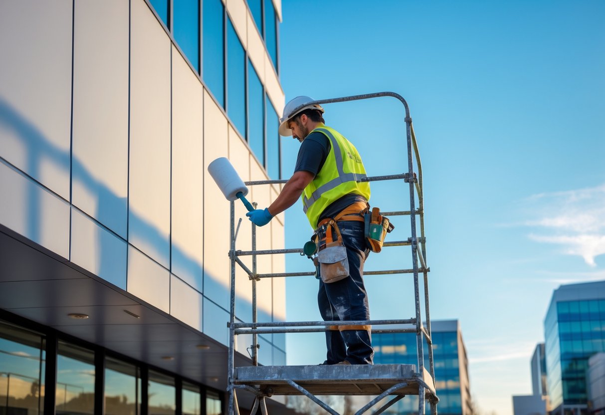 A commercial painter in safety gear painting the exterior of an office building from a scaffold.