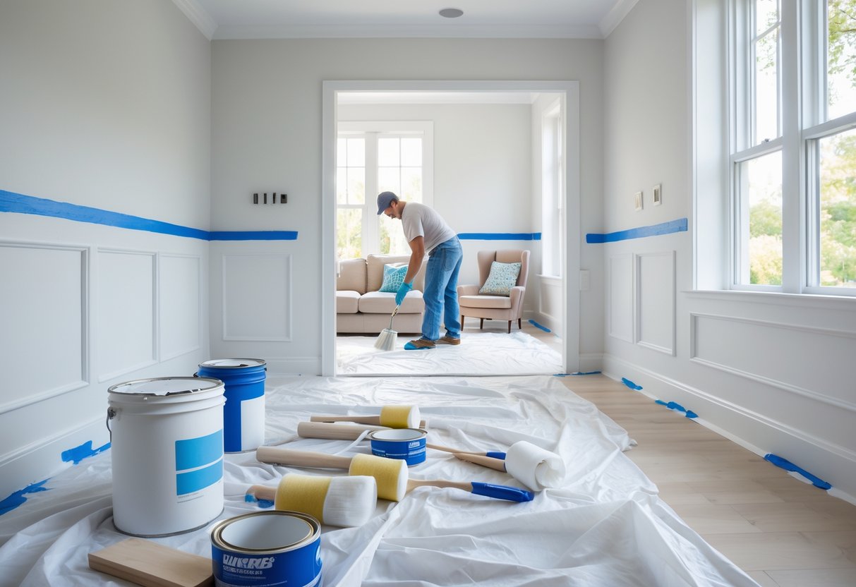 A person preparing a living room for interior painting by covering furniture and smoothing walls, with painting supplies arranged nearby.