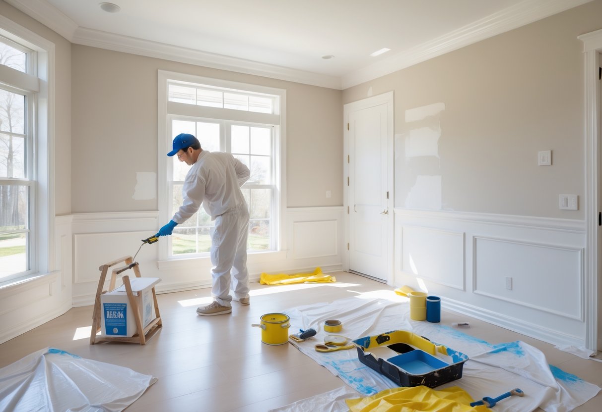A painter applying paint with a roller on a living room wall while painting tools and covered furniture are nearby.