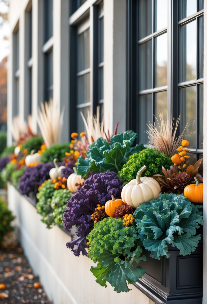 Twenty window boxes filled with colorful ornamental kale and autumn decorations along a building's windows.