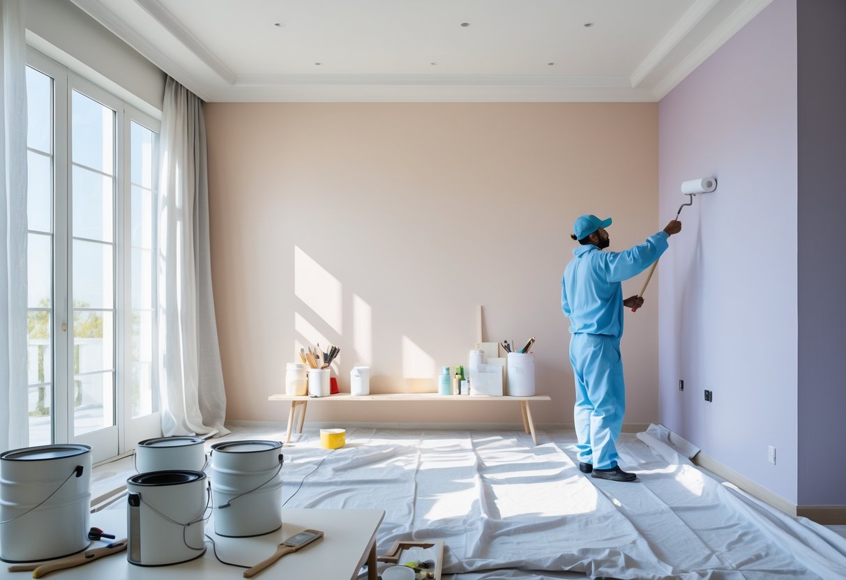 Painter applying light pastel paint to a living room wall with painting tools and drop cloths around.