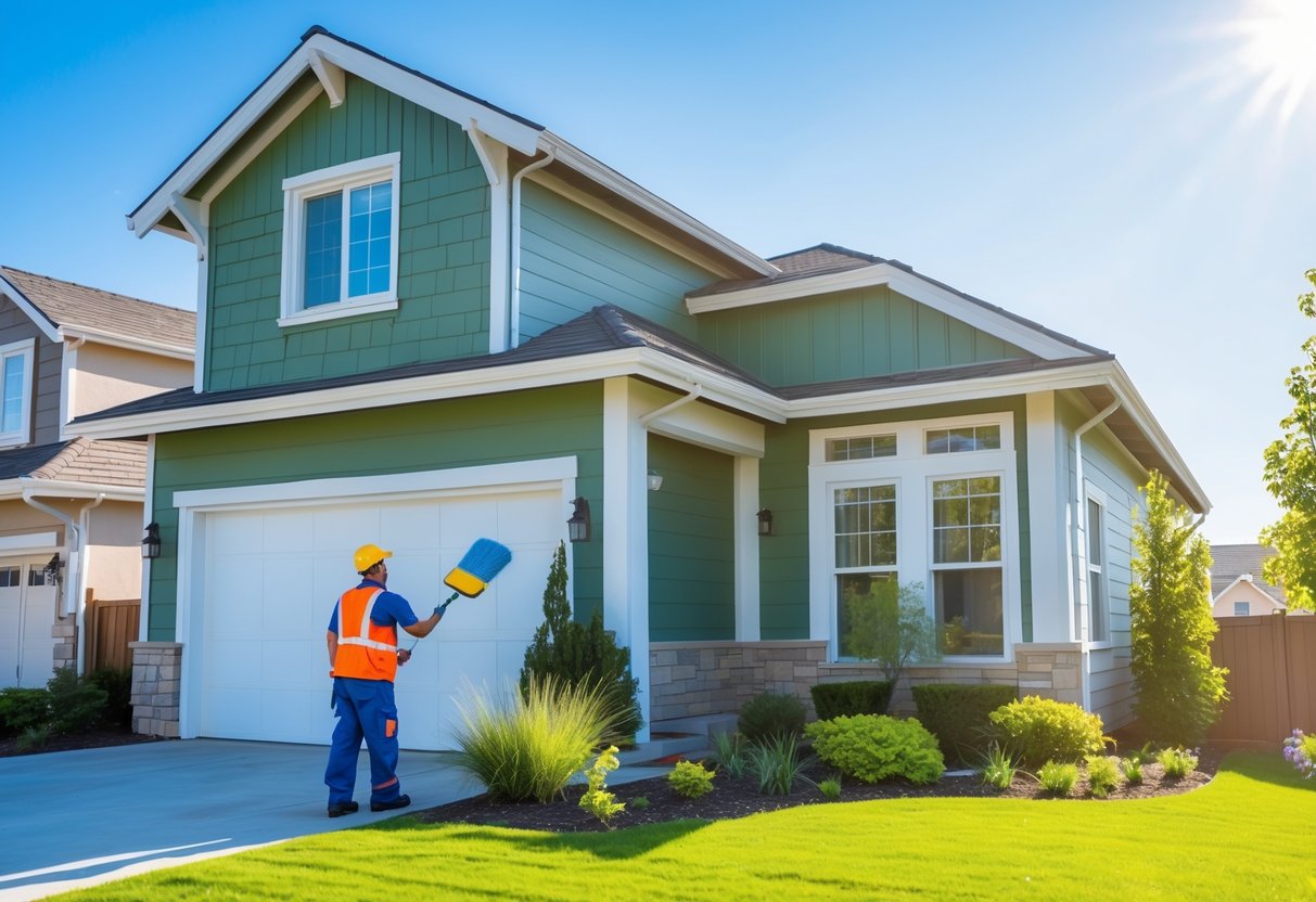 A painter applying fresh paint to the exterior siding of a residential house on a sunny day.