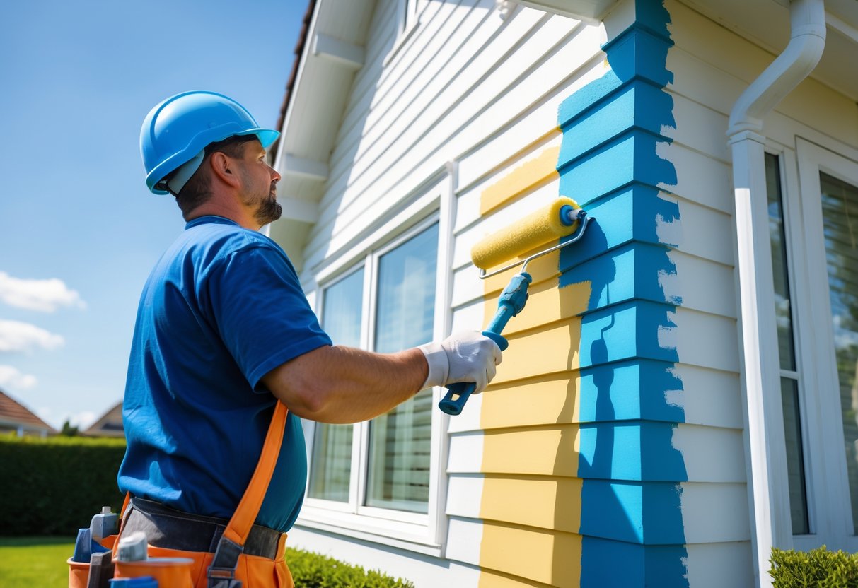 A painter applying fresh paint to the exterior siding of a house on a clear day.