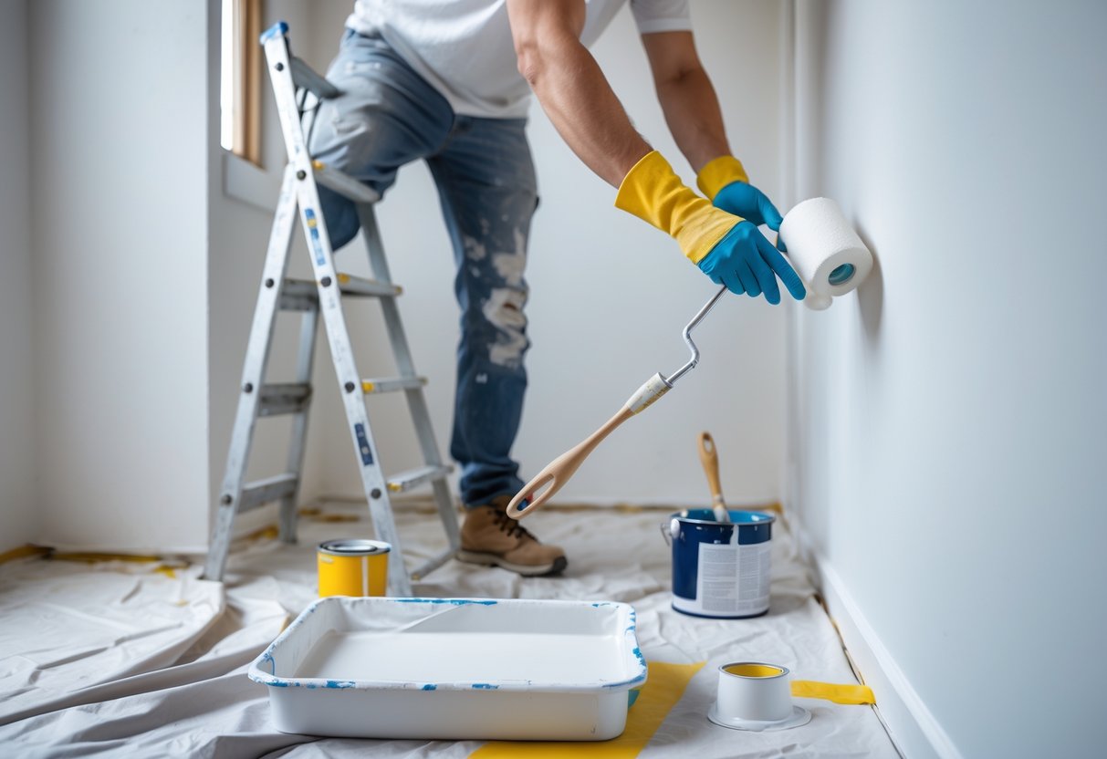 Person painting a wall indoors with a roller, surrounded by painting supplies and protective coverings.