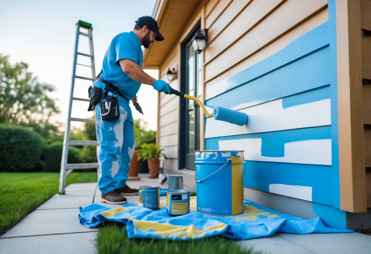 A painter applying paint with a roller on the exterior wall of a house using a ladder and painting tools nearby.