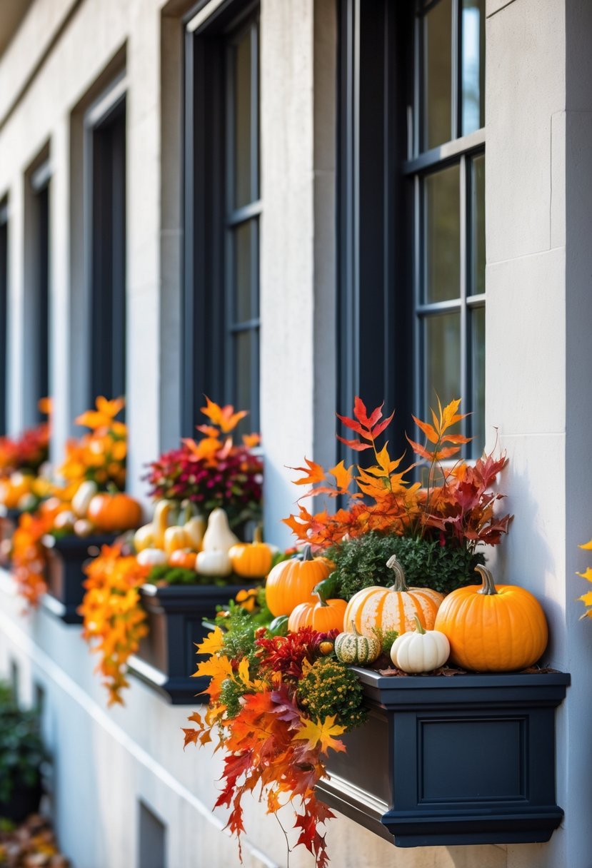 Twenty window boxes filled with autumn leaves, small pumpkins, and gourds along a building facade.