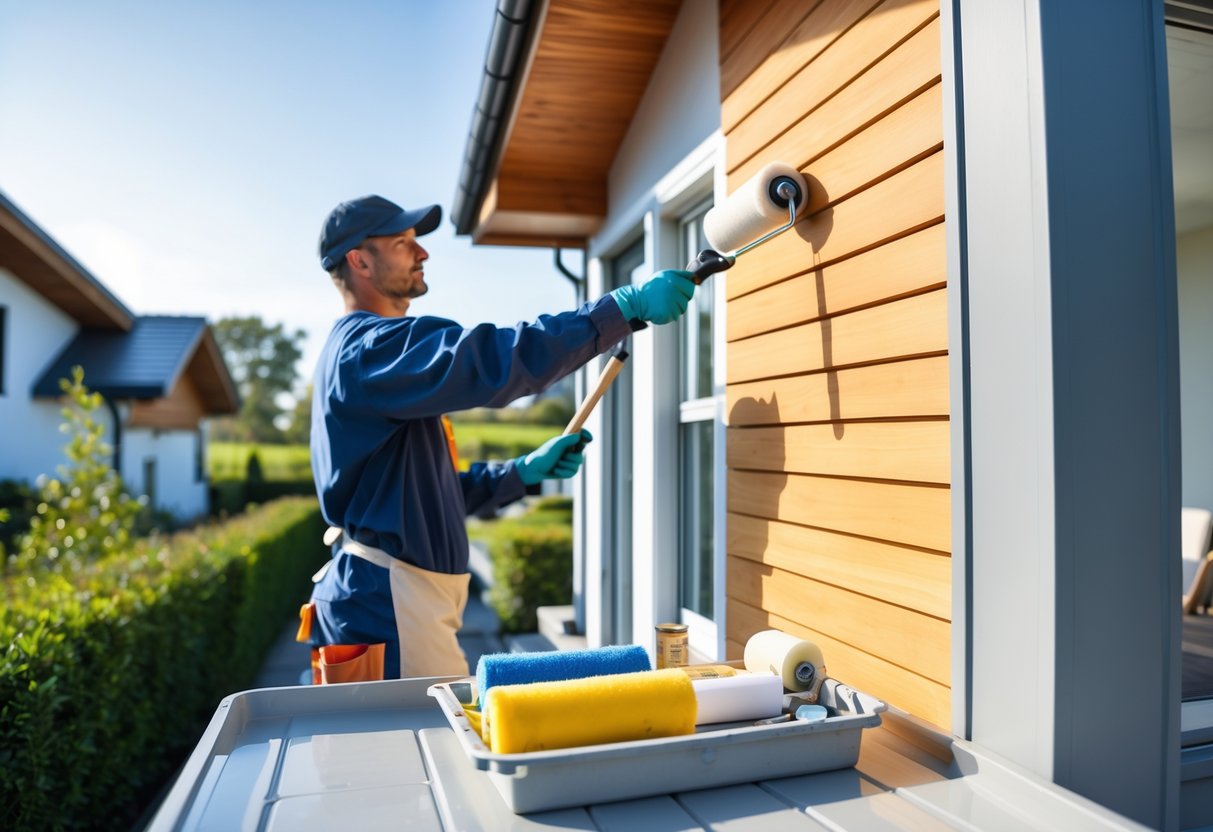 A painter applying paint to the exterior wall of a house using a roller brush during daytime.