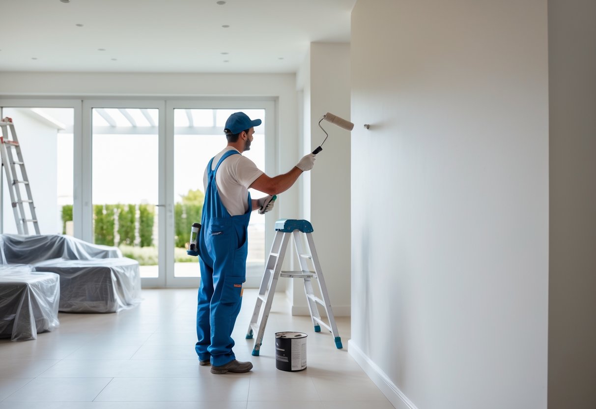 A professional painter applying paint to a wall inside a clean and bright living room.