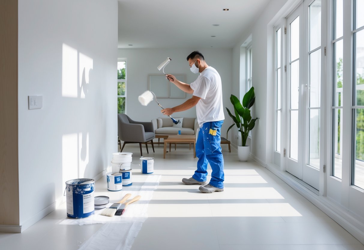 A professional painter applying white paint to a wall in a bright residential room with modern furniture and natural light.