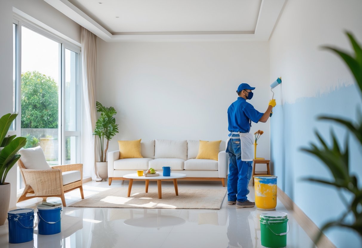 A professional painter applying paint to the interior wall of a bright living room with furniture covered for protection.