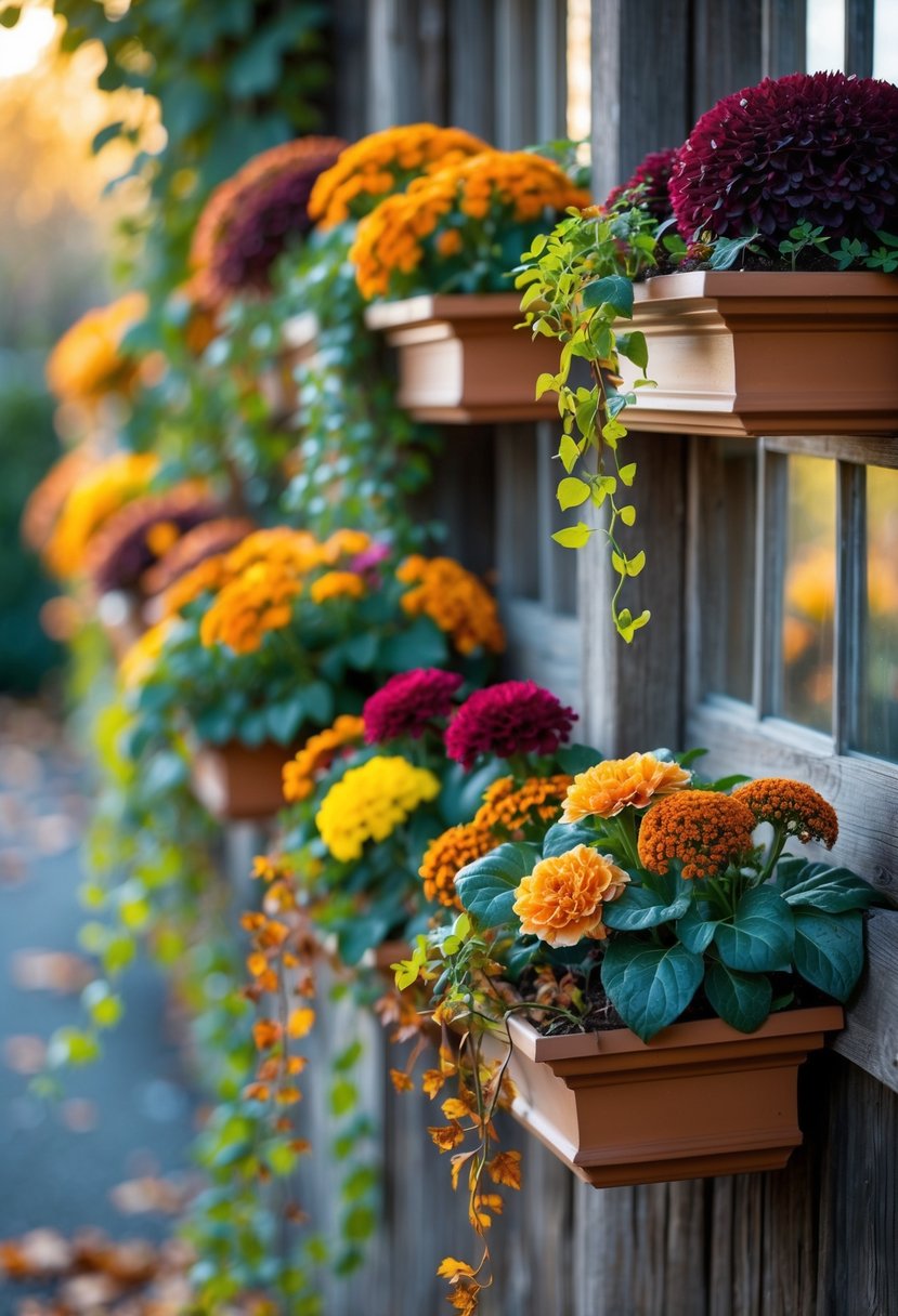 Twenty fall-themed window boxes filled with colorful autumn flowers and trailing green vines along a wooden fence.