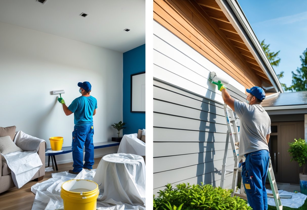 A painter applying white paint inside a living room and another painter painting the exterior siding of a house outdoors.