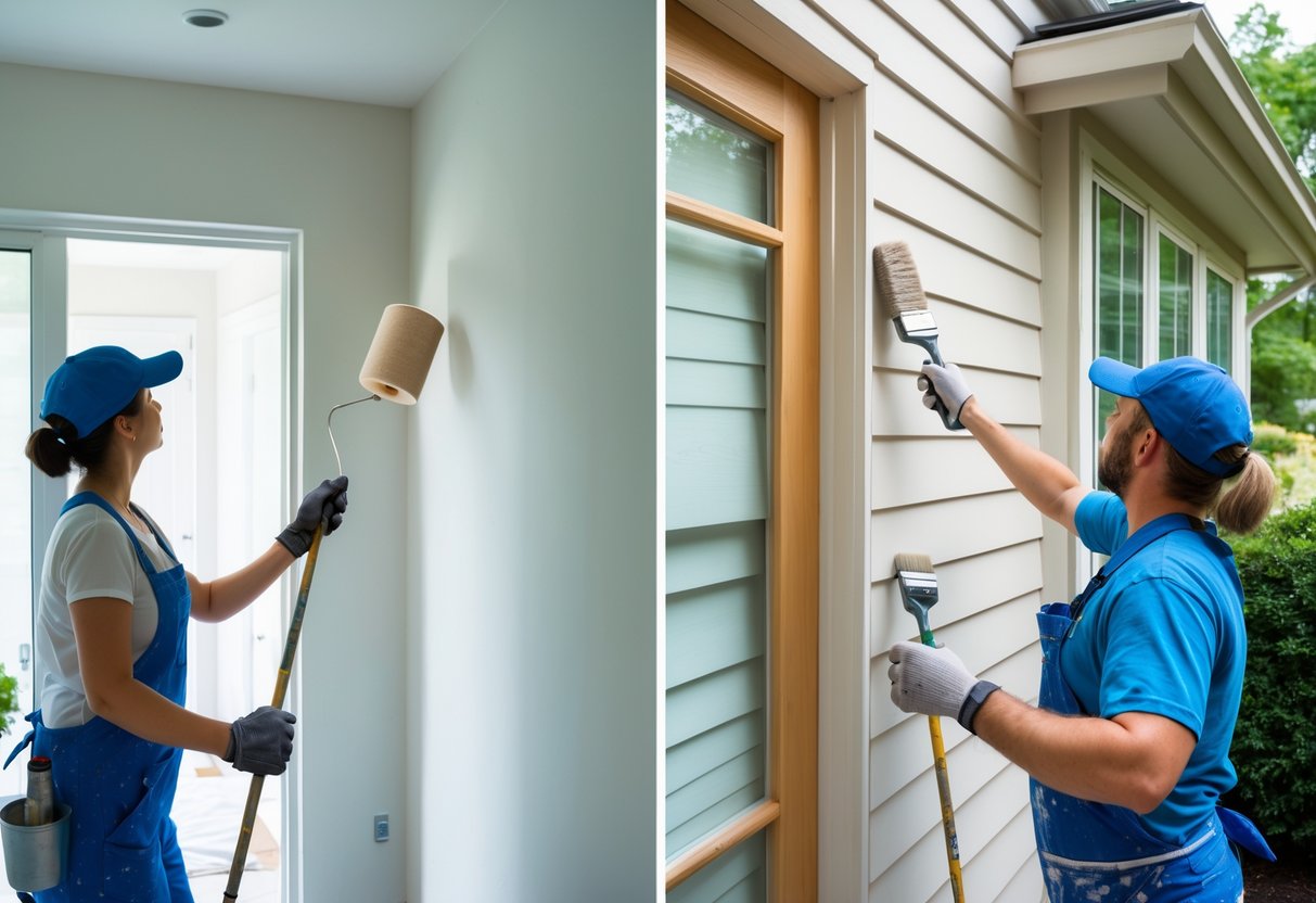 A split image showing a person painting an interior wall on one side and a person painting the exterior wall of a house on the other side.