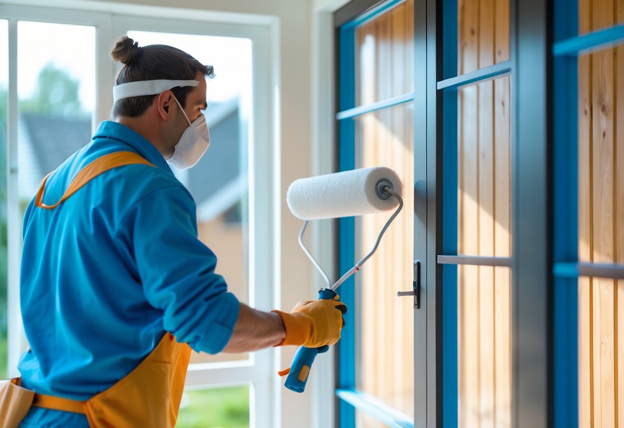 A painter applying fresh paint to both the interior wall and exterior siding of a modern house.