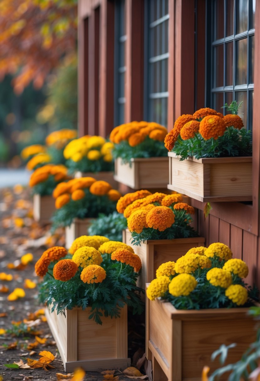 Twenty window boxes filled with yellow and orange marigold flowers arranged outdoors with autumn leaves around them.