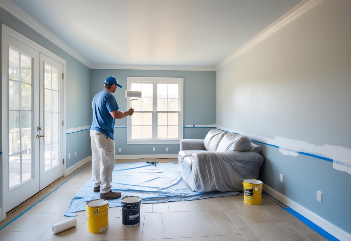 Painter applying paint to a living room wall with furniture covered for protection and painting supplies on the floor.