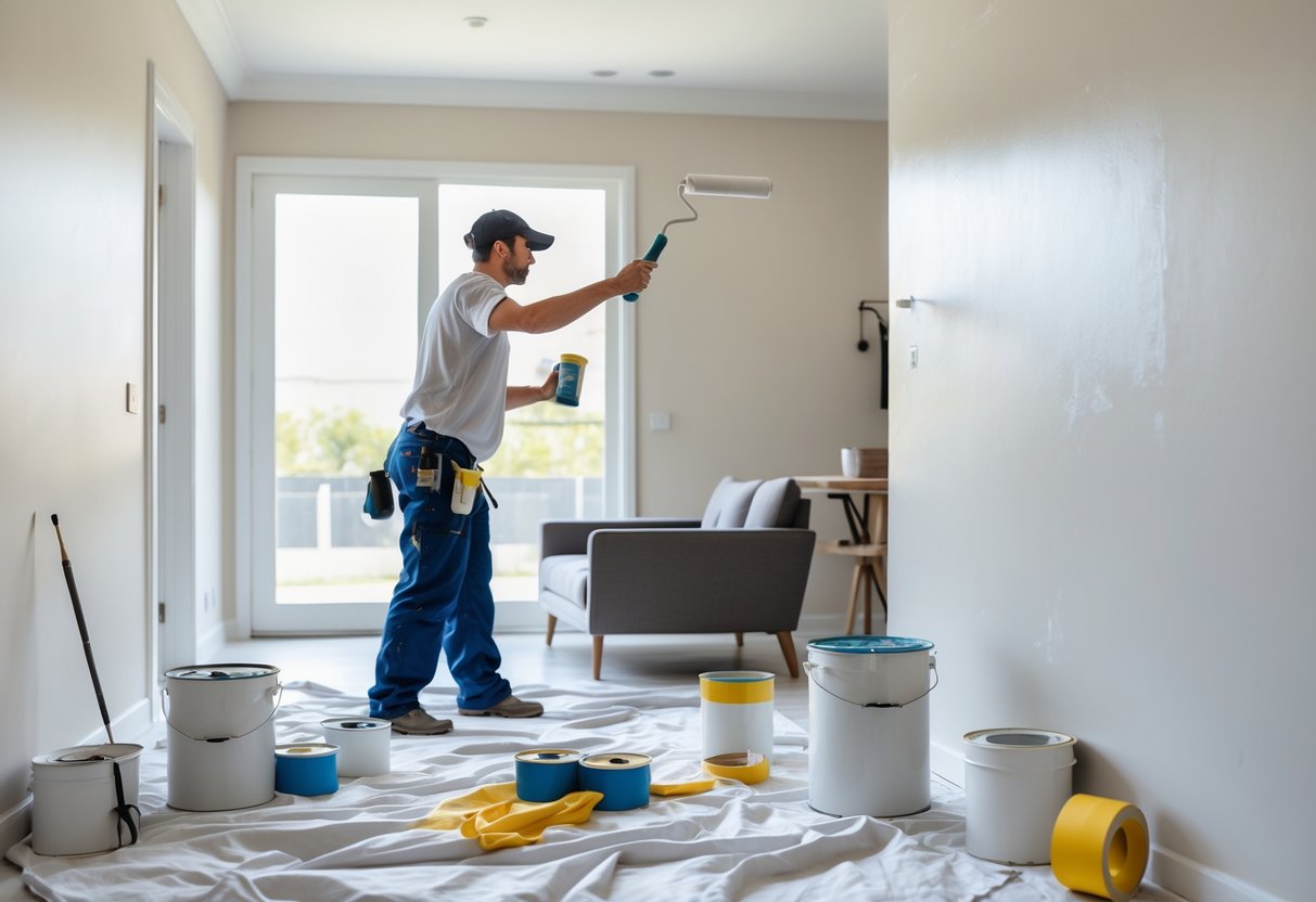 A professional painter applying paint on an interior wall with painting supplies around in a bright room.