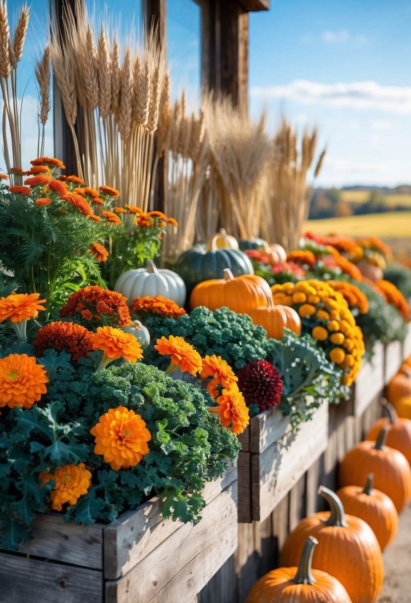 Twenty fall window boxes filled with autumn flowers, pumpkins, gourds, and tall dried wheat stalks along a wooden fence.