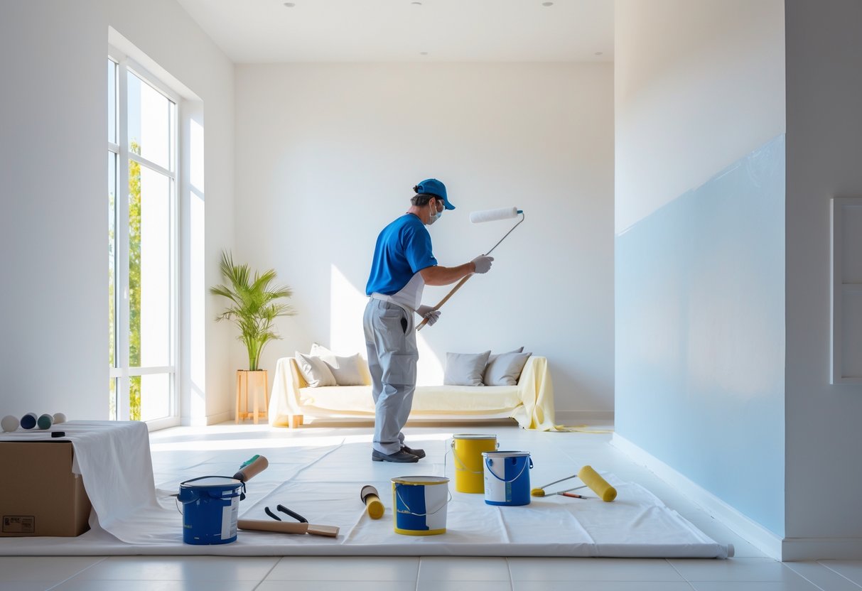 Professional painter applying paint to a living room wall with painting supplies on the floor.