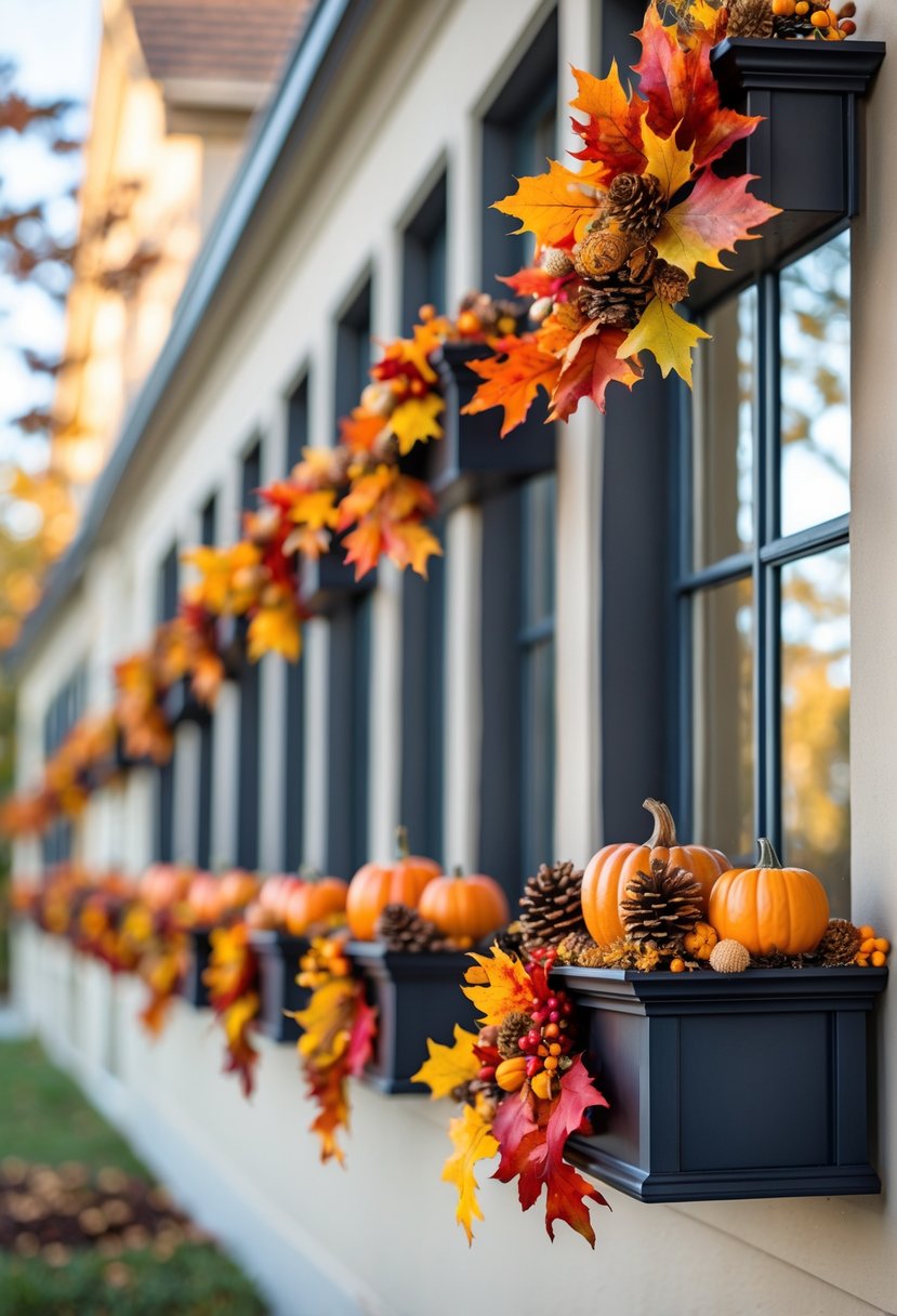Twenty fall-themed window boxes filled with colorful faux autumn leaves and seasonal decorations along a building facade.