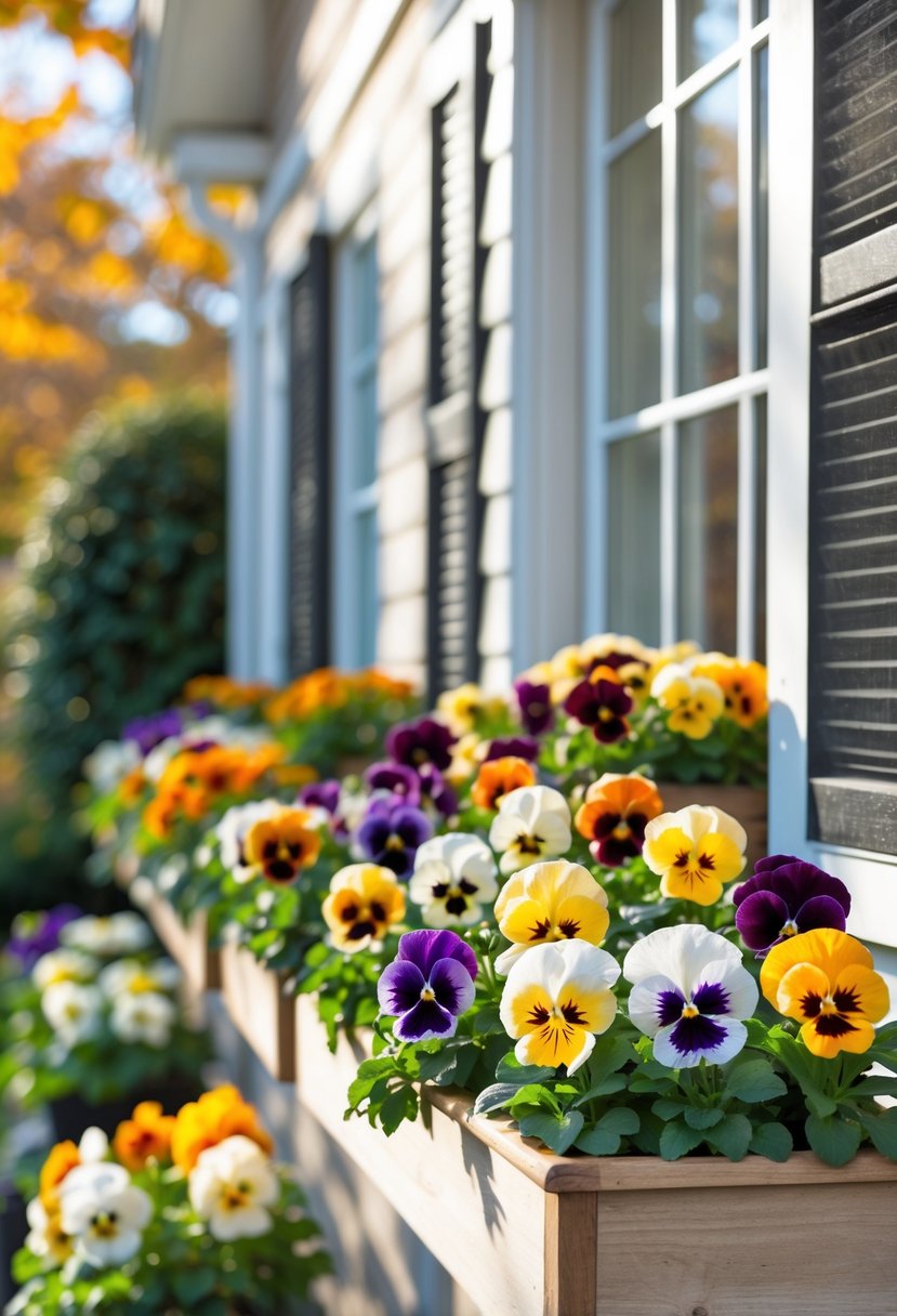 Twenty window boxes filled with colorful pansies arranged along the exterior wall of a house in early fall.