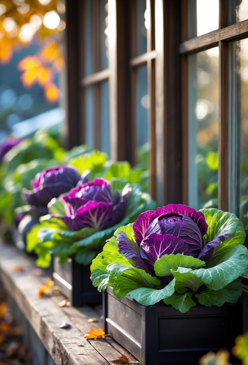 Twenty window boxes filled with purple and green cabbage plants arranged along a wooden windowsill in autumn.