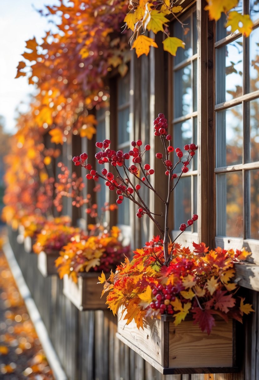 Twenty fall window boxes filled with autumn leaves and small branches with red berries arranged along a wooden fence outdoors.
