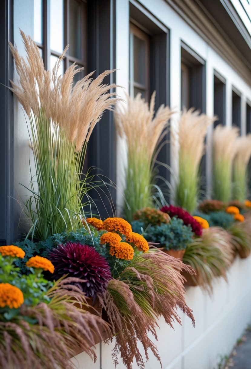 Twenty fall window boxes filled with autumn plants and ornamental grasses along a building facade.