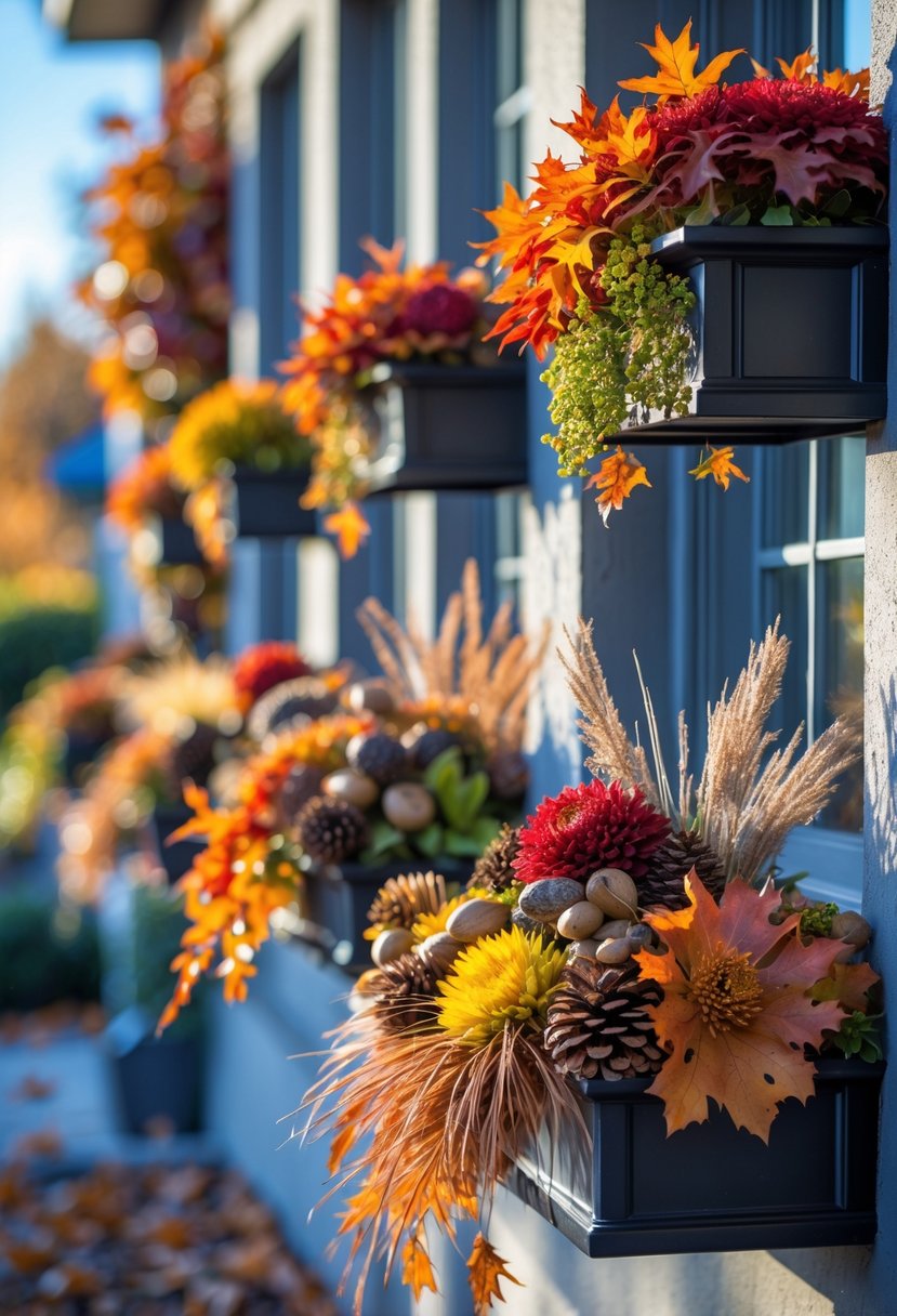 Twenty window boxes filled with colorful fall leaves, flowers, acorns, and pinecones along a building.