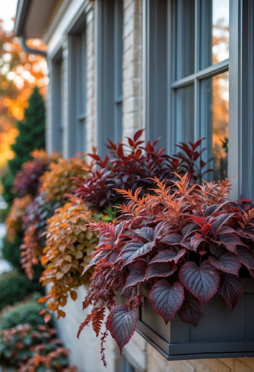 Twenty window boxes filled with bronze and burgundy foliage plants, including heuchera, arranged on a building exterior in autumn.