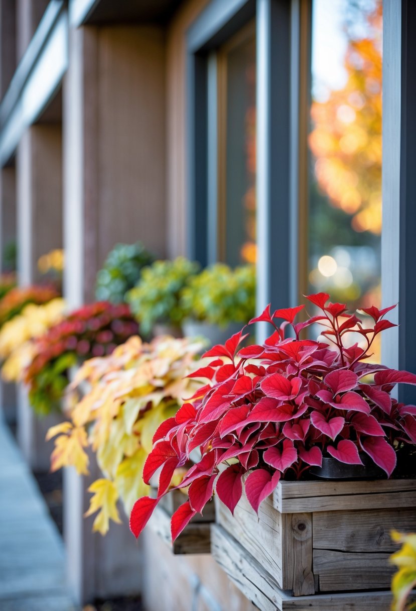 Twenty window boxes filled with bright red coleus and soft autumn-colored plants along a building exterior.