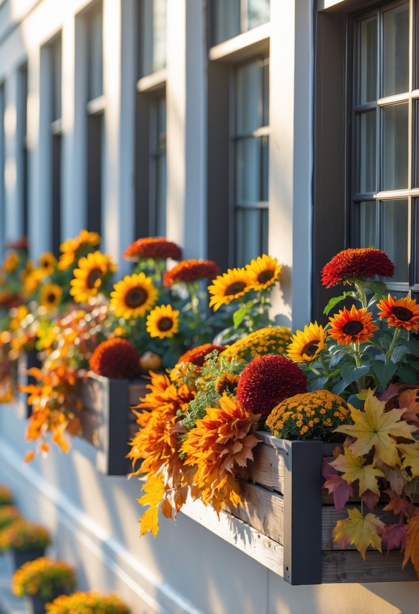 Twenty fall-themed window boxes filled with sunflowers and autumn flowers along a building facade.