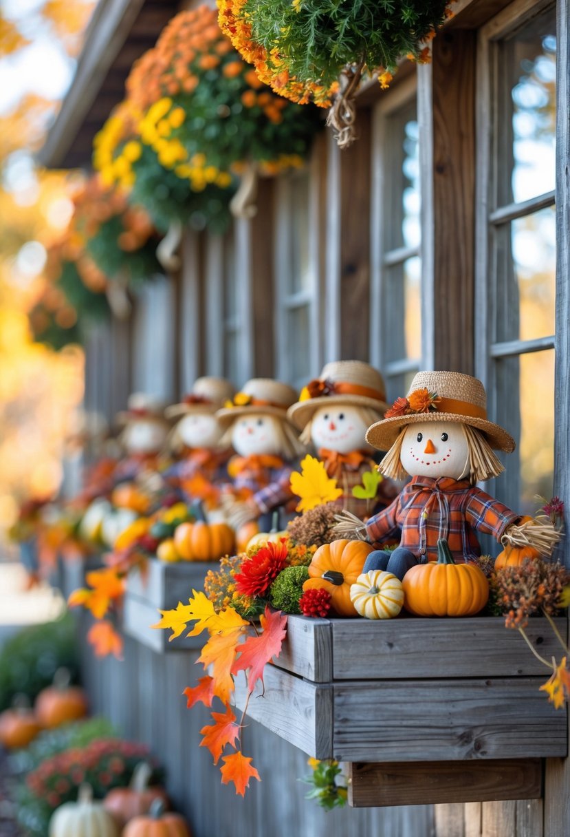 Twenty window boxes filled with autumn decorations including mini scarecrows, pumpkins, gourds, and colorful fall flowers arranged along a wooden fence.