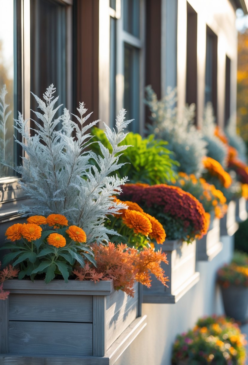 Twenty window boxes filled with dusty miller and colorful fall plants arranged along a building facade.