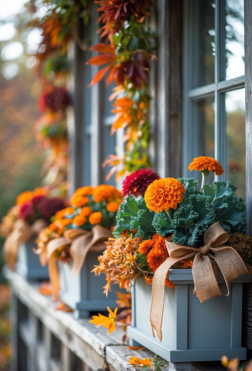 Twenty fall window boxes filled with colorful autumn flowers and decorated with warm-toned ribbons and burlap accents on a wooden ledge.
