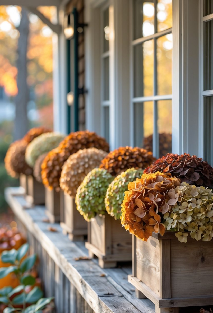 Twenty window boxes filled with fresh and dried hydrangea flowers in autumn colors arranged on a wooden windowsill outside a house.