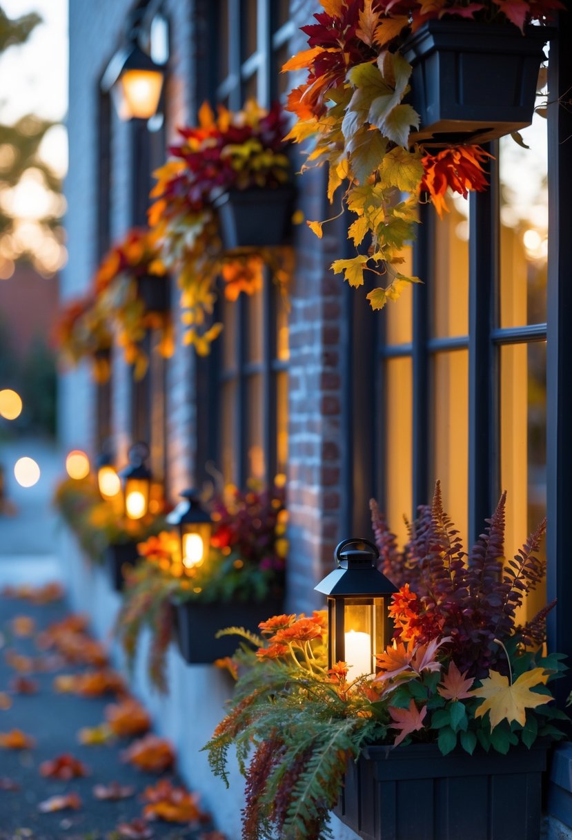 Twenty window boxes filled with colorful autumn flowers and small glowing lanterns along a building at dusk.