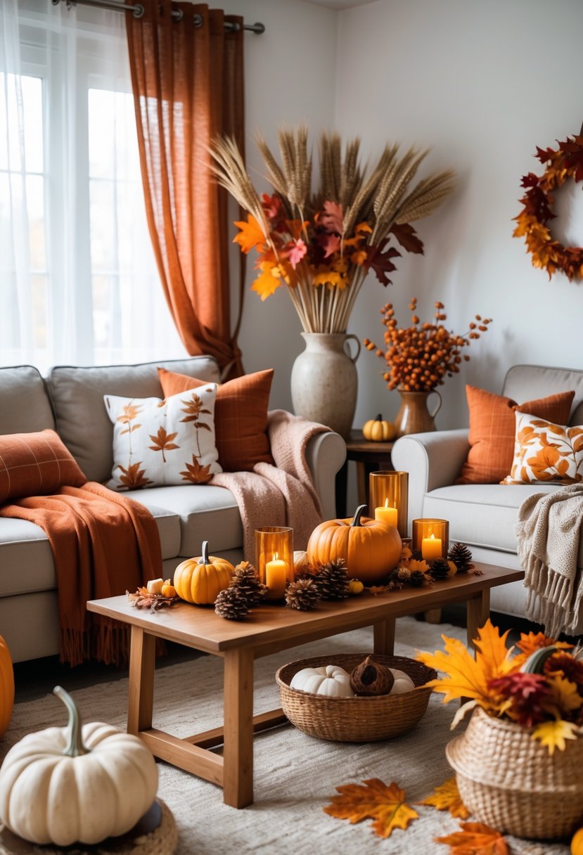 A cozy living room decorated with pumpkins, candles, autumn leaves, and warm-colored pillows and blankets.