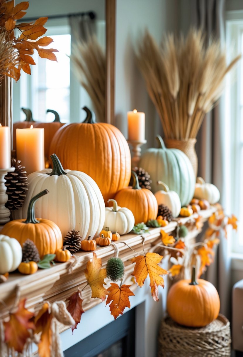 A mantel decorated with pumpkins, autumn leaves, pinecones, and candles for fall.