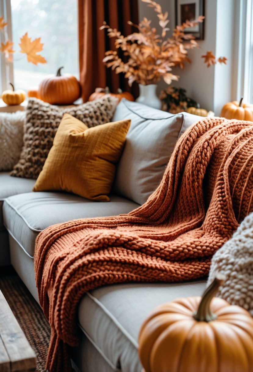A living room with warm knit throw blankets on sofas surrounded by fall-themed decorations.